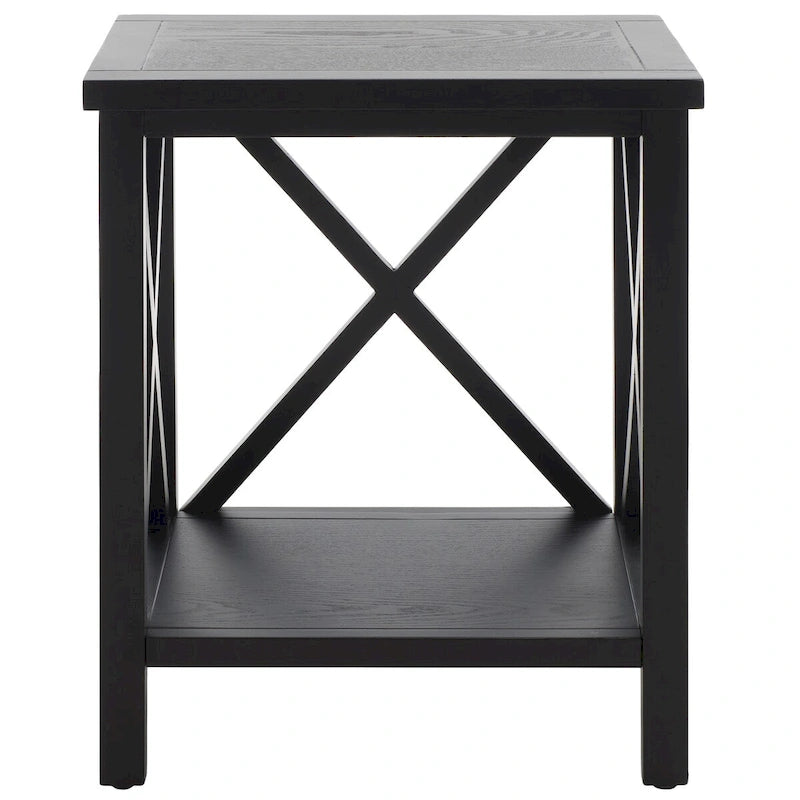 Table d'appoint en bois avec piètement en X ouvert et étagère de rangement inférieure