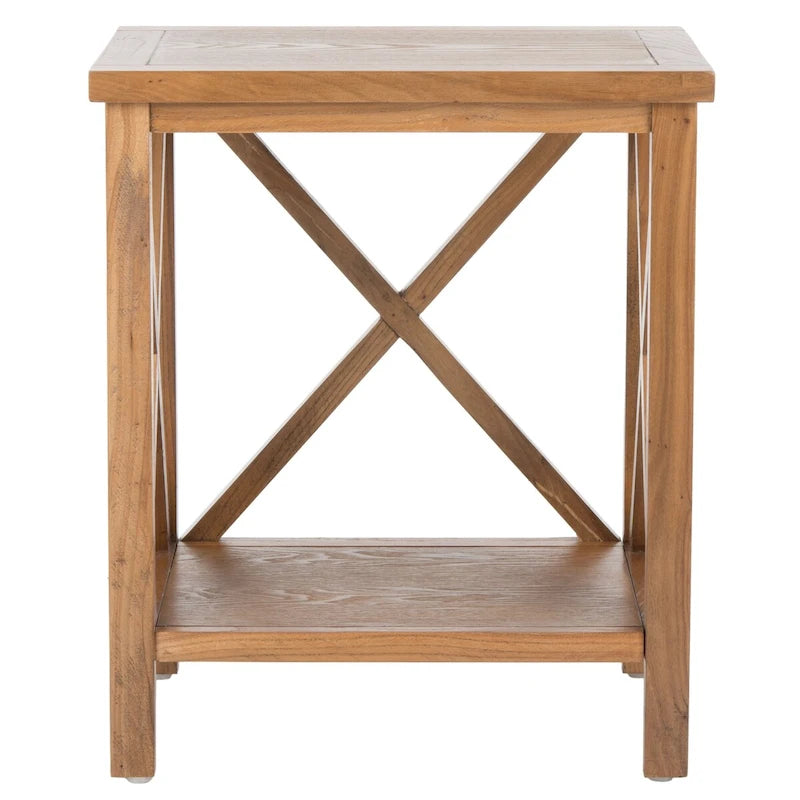 Table d'appoint en bois avec piètement en X ouvert et étagère de rangement inférieure