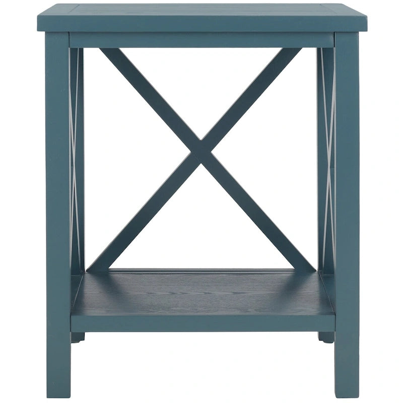Table d'appoint en bois avec piètement en X ouvert et étagère de rangement inférieure