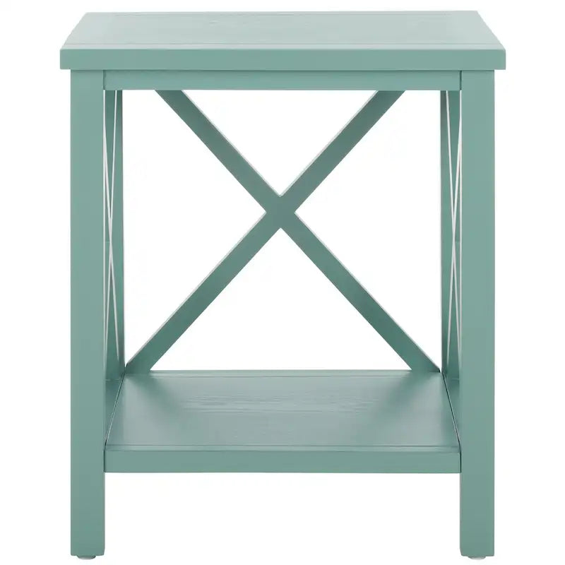Table d'appoint en bois avec piètement en X ouvert et étagère de rangement inférieure