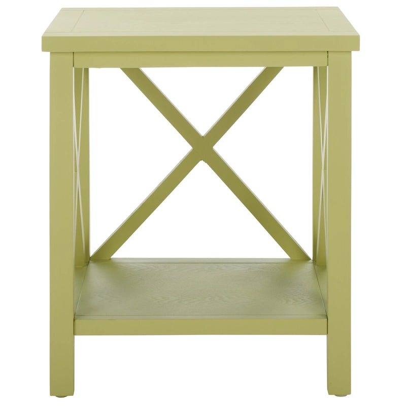 Table d'appoint en bois avec piètement en X ouvert et étagère de rangement inférieure