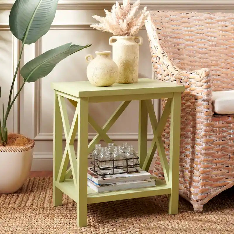 Table d'appoint en bois avec piètement en X ouvert et étagère de rangement inférieure