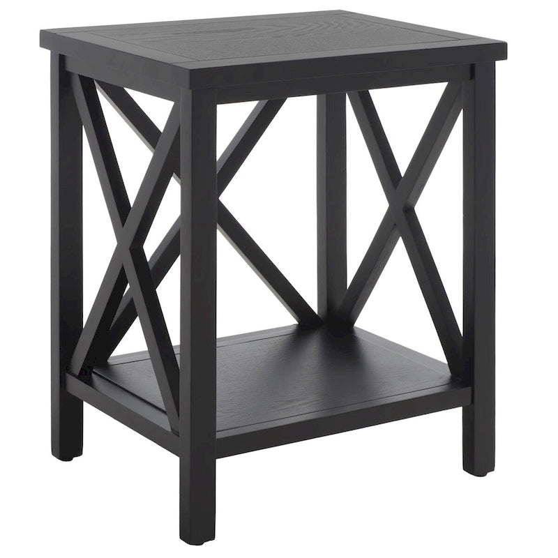 Table d'appoint en bois avec piètement en X ouvert et étagère de rangement inférieure