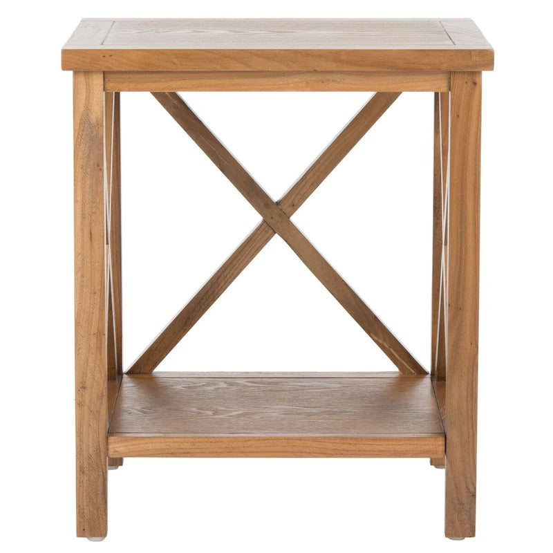Table d'appoint en bois avec piètement en X ouvert et étagère de rangement inférieure