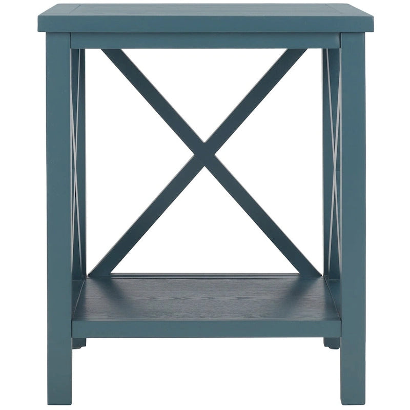 Table d'appoint en bois avec piètement en X ouvert et étagère de rangement inférieure