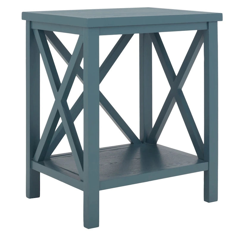 Table d'appoint en bois avec piètement en X ouvert et étagère de rangement inférieure
