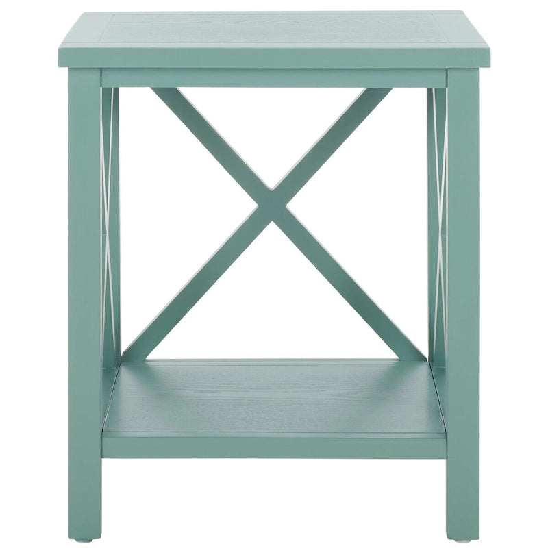 Table d'appoint en bois avec piètement en X ouvert et étagère de rangement inférieure