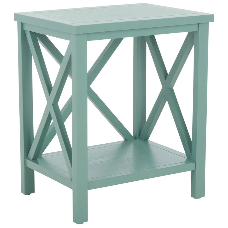 Table d'appoint en bois avec piètement en X ouvert et étagère de rangement inférieure