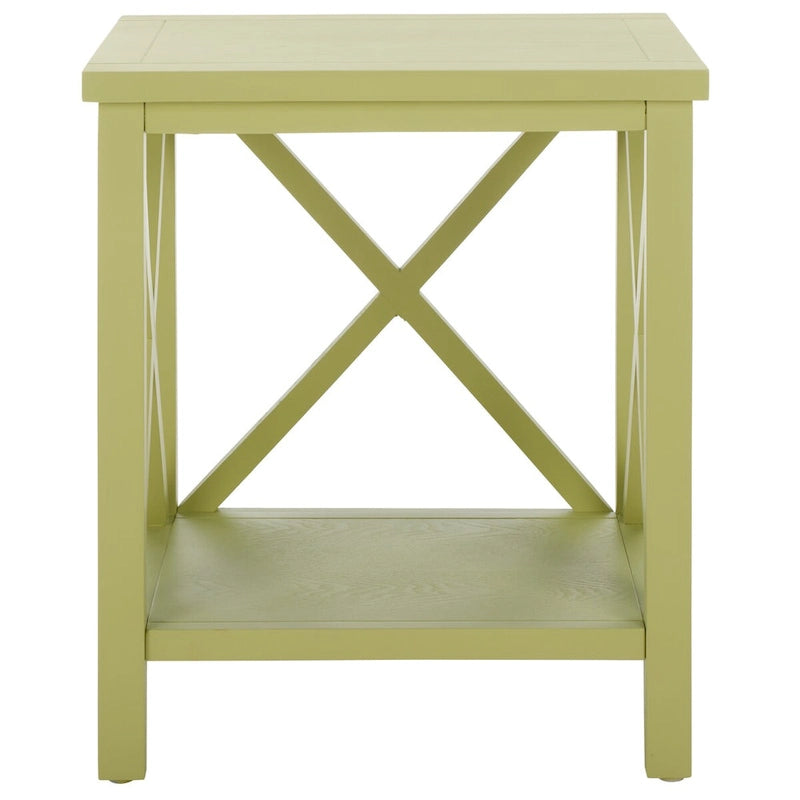 Table d'appoint en bois avec piètement en X ouvert et étagère de rangement inférieure
