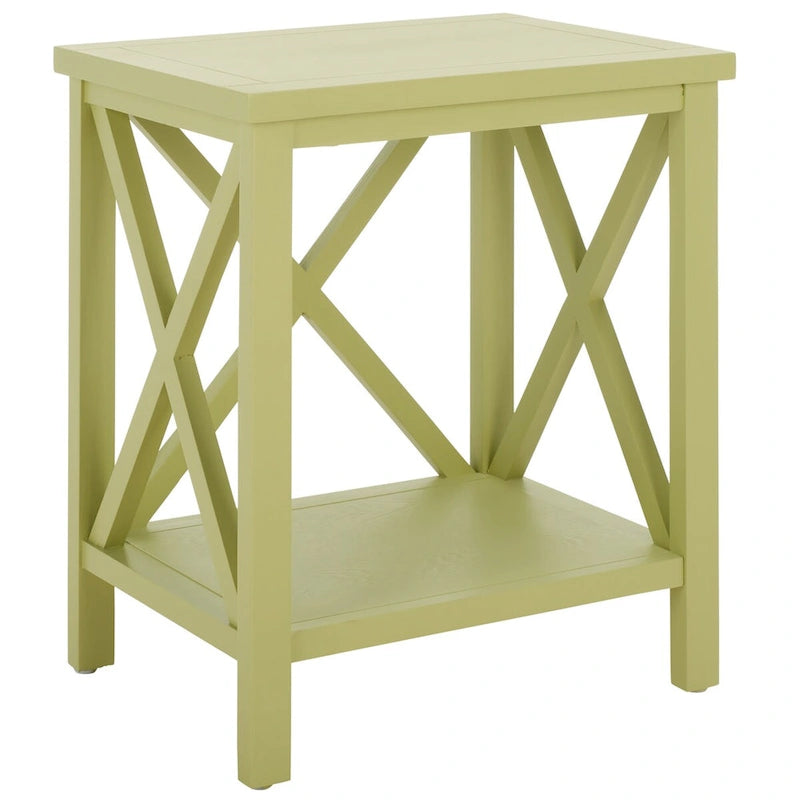 Table d'appoint en bois avec piètement en X ouvert et étagère de rangement inférieure