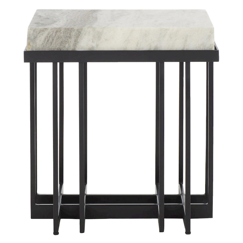 Rectangle Sand Brown Marble Accent Table with Black Metal Base