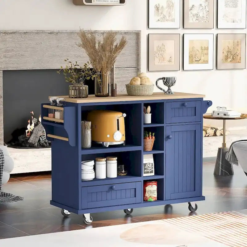 Rolling Kitchen Island Cart with Rubber Wood Top, 2 Drawers and Storage Shelves
