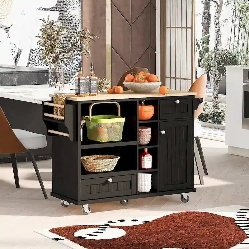 Rolling Kitchen Island Cart with Rubber Wood Top, 2 Drawers and Storage Shelves