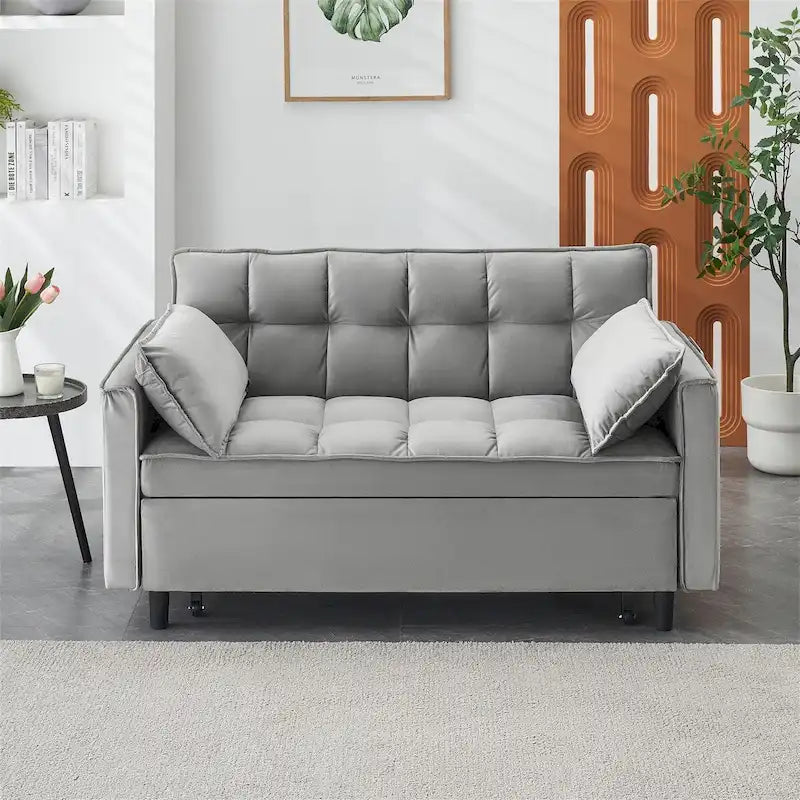 Causeuse en velours avec dossier inclinable, coussins décoratifs et poches