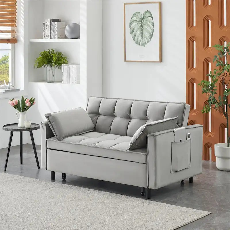 Causeuse en velours avec dossier inclinable, coussins décoratifs et poches