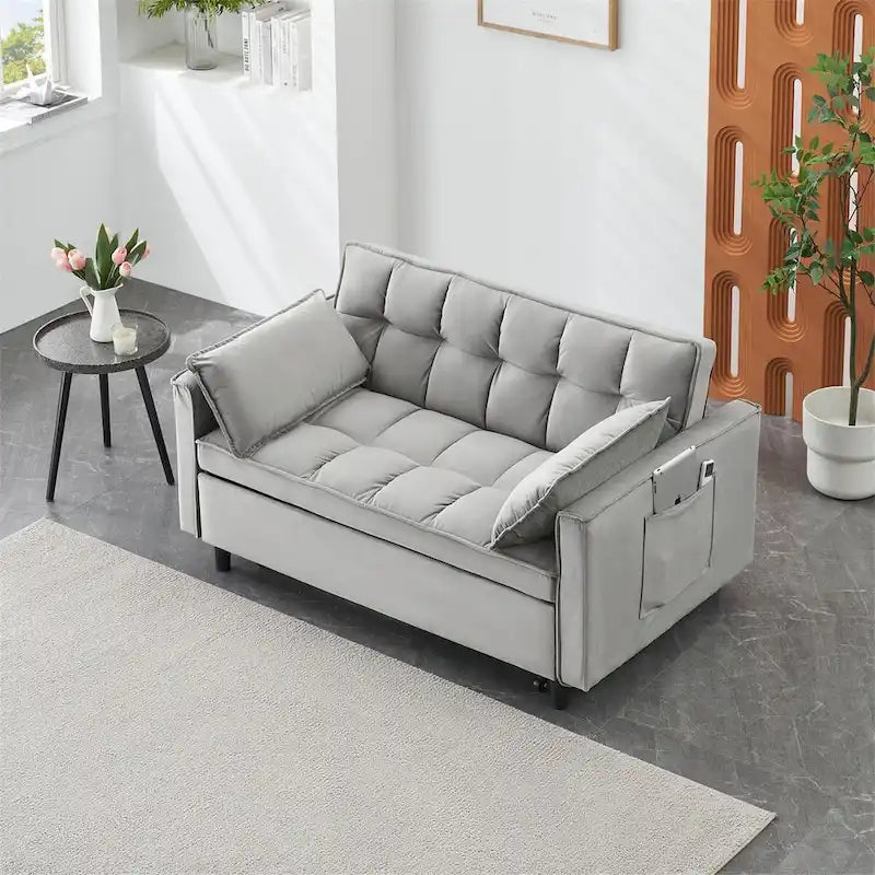 Causeuse en velours avec dossier inclinable, coussins décoratifs et poches