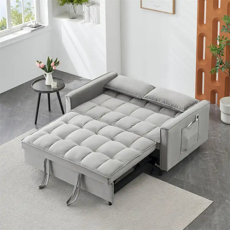 Causeuse en velours avec dossier inclinable, coussins décoratifs et poches