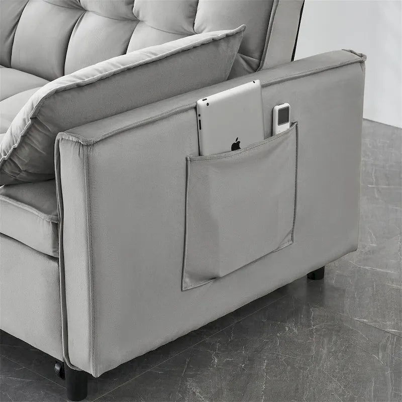 Causeuse en velours avec dossier inclinable, coussins décoratifs et poches