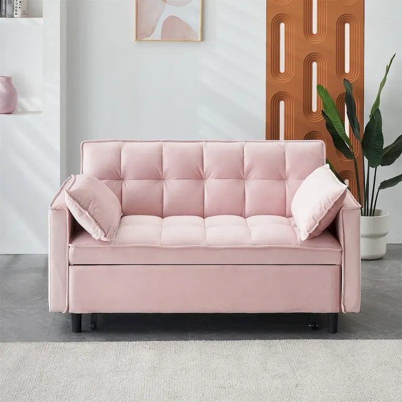 Causeuse en velours avec dossier inclinable, coussins décoratifs et poches