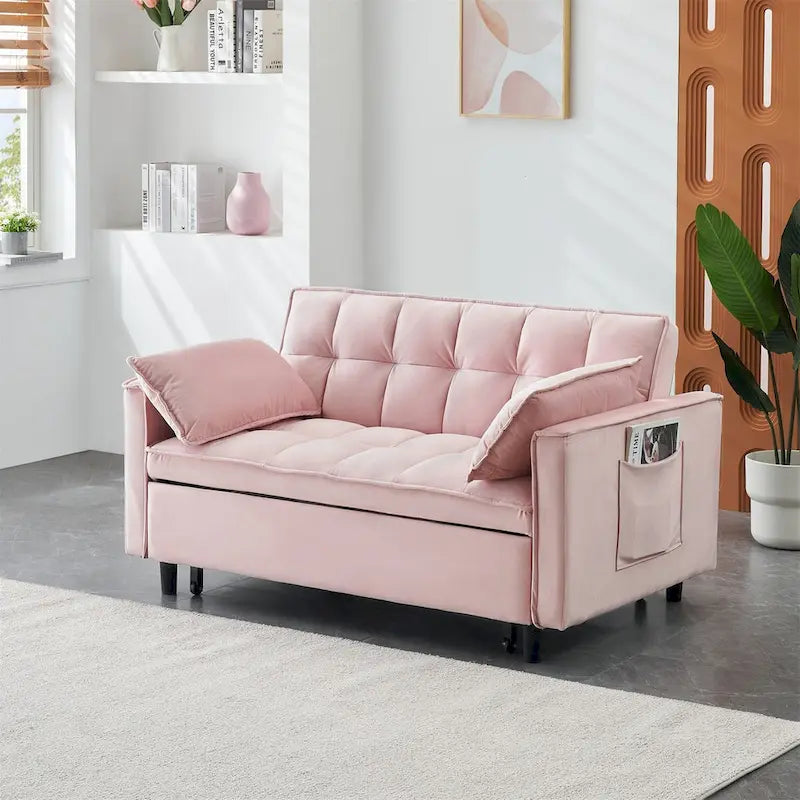 Causeuse en velours avec dossier inclinable, coussins décoratifs et poches