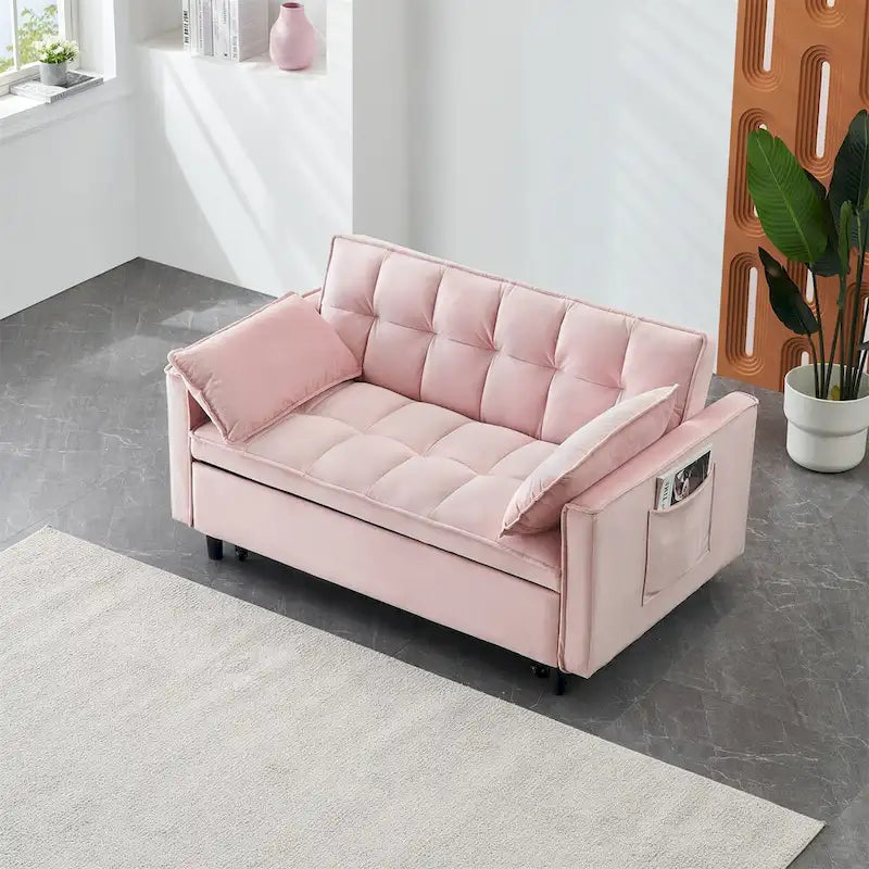 Causeuse en velours avec dossier inclinable, coussins décoratifs et poches