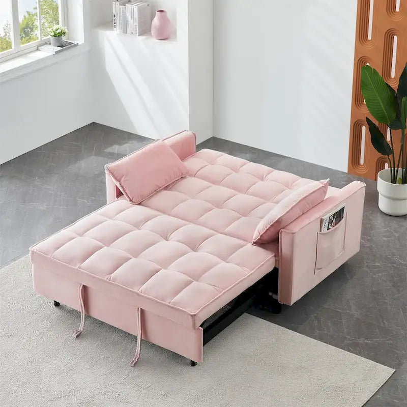 Causeuse en velours avec dossier inclinable, coussins décoratifs et poches