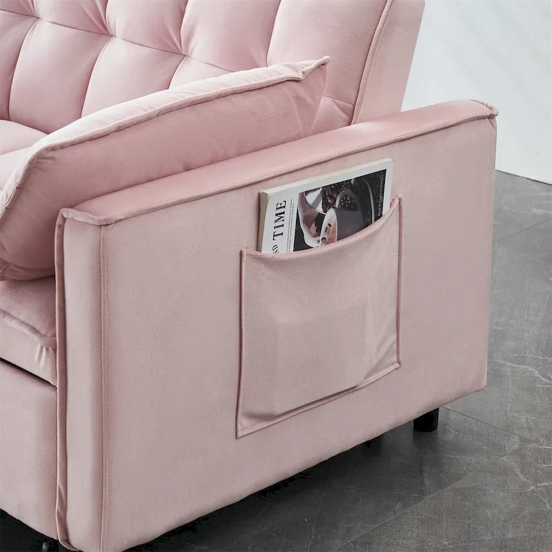 Causeuse en velours avec dossier inclinable, coussins décoratifs et poches