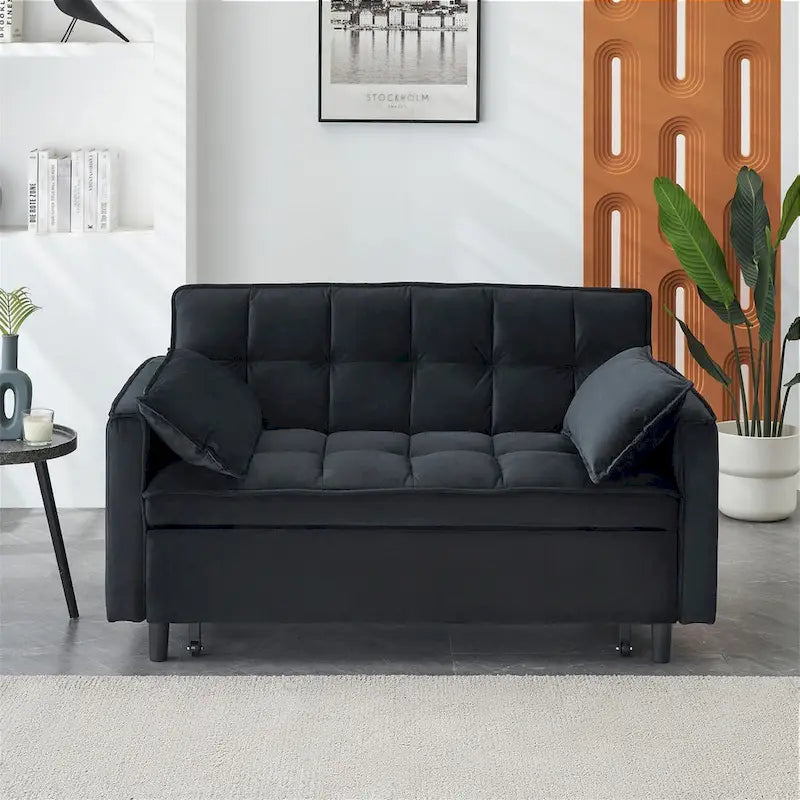 Causeuse en velours avec dossier inclinable, coussins décoratifs et poches