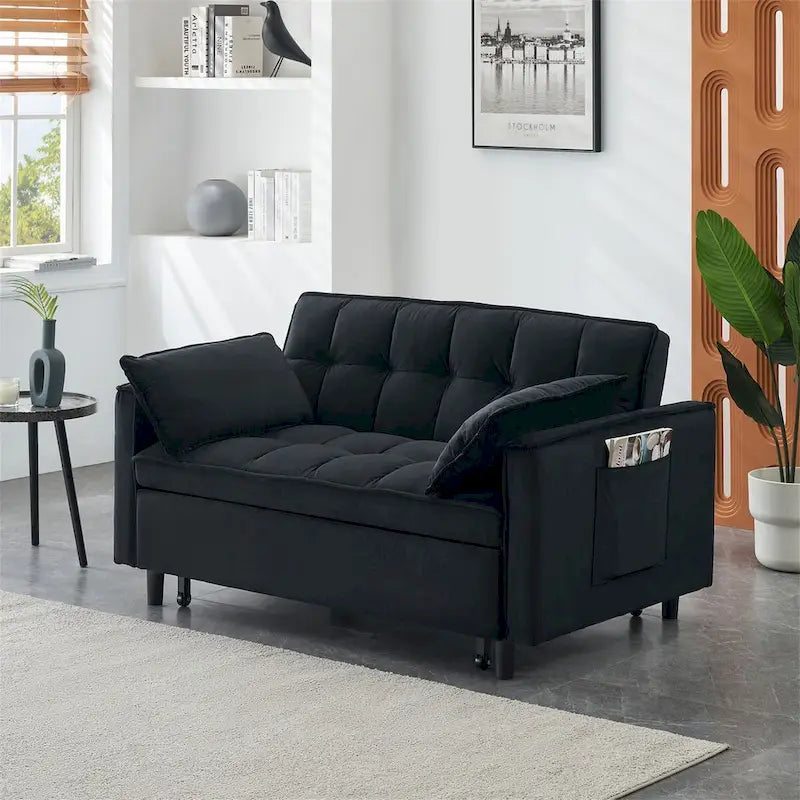Causeuse en velours avec dossier inclinable, coussins décoratifs et poches