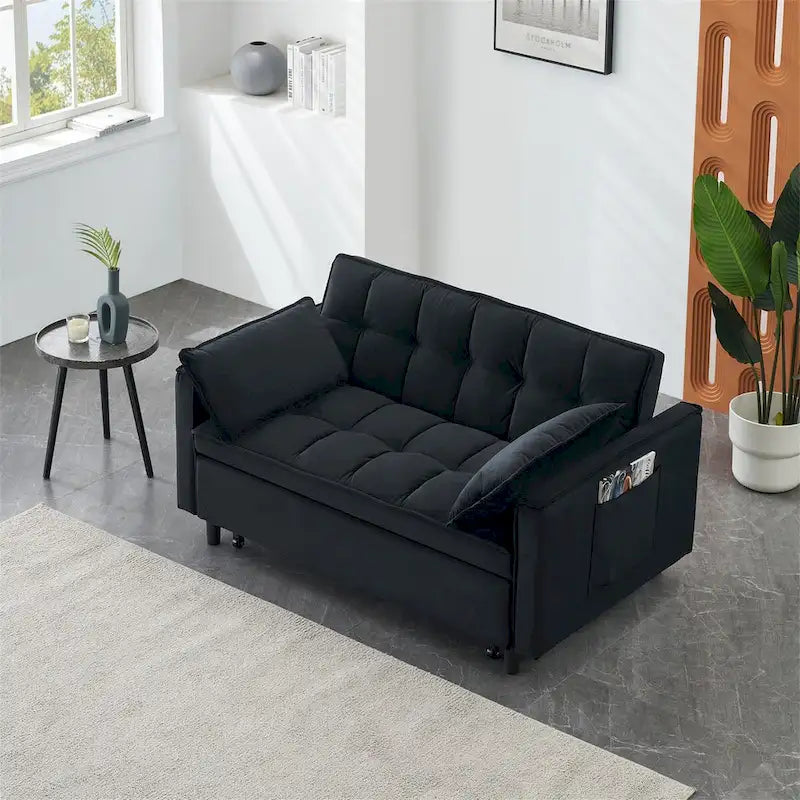 Causeuse en velours avec dossier inclinable, coussins décoratifs et poches