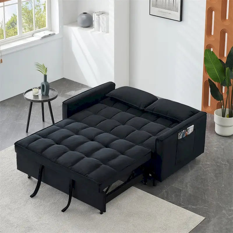 Causeuse en velours avec dossier inclinable, coussins décoratifs et poches