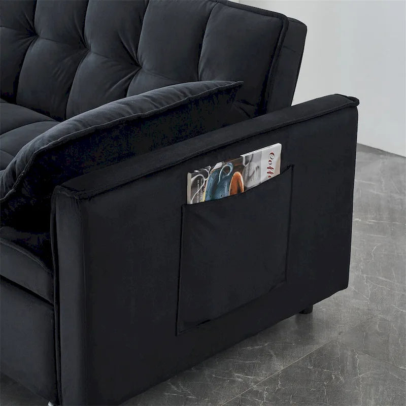 Causeuse en velours avec dossier inclinable, coussins décoratifs et poches