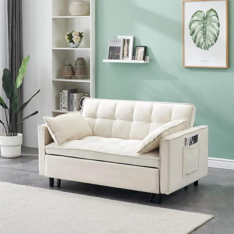 Causeuse en velours avec dossier inclinable, coussins décoratifs et poches