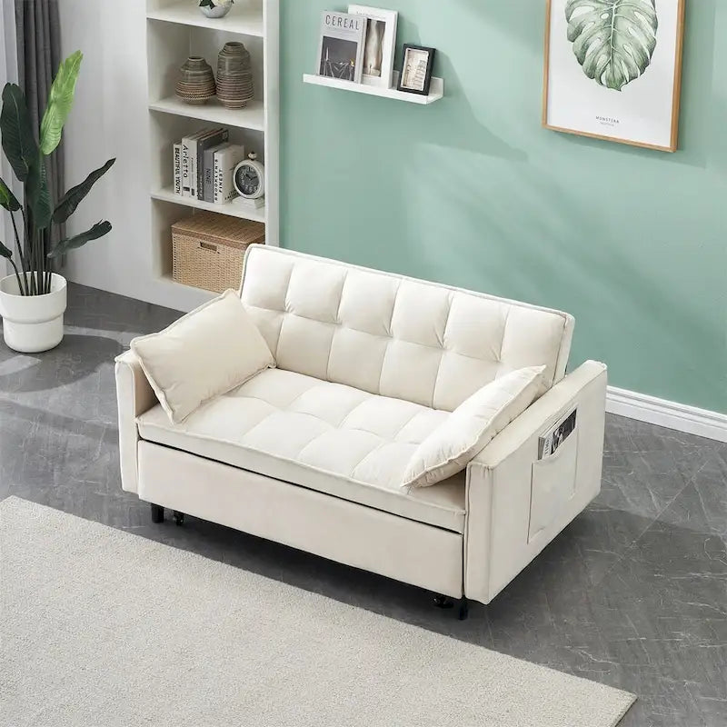 Causeuse en velours avec dossier inclinable, coussins décoratifs et poches
