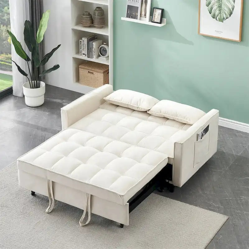 Causeuse en velours avec dossier inclinable, coussins décoratifs et poches