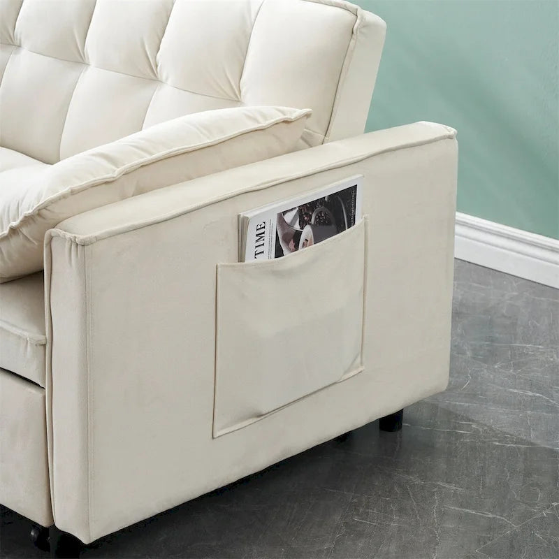 Causeuse en velours avec dossier inclinable, coussins décoratifs et poches
