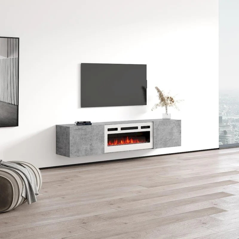 70-Inch Floating TV Stand with Built-In Electric Fireplace Insert