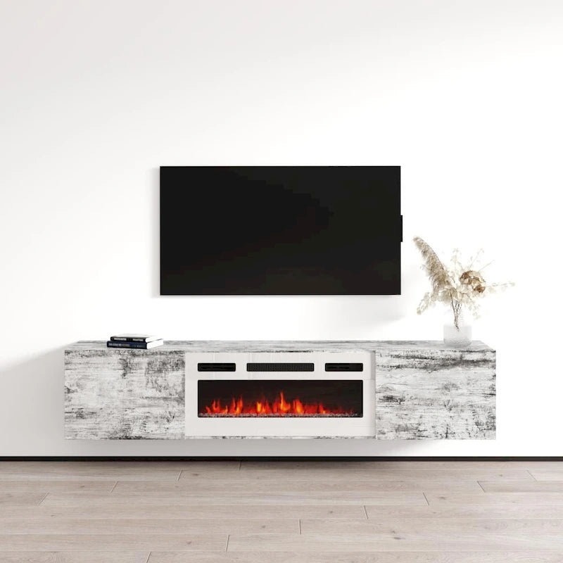 70-Inch Floating TV Stand with Built-In Electric Fireplace Insert