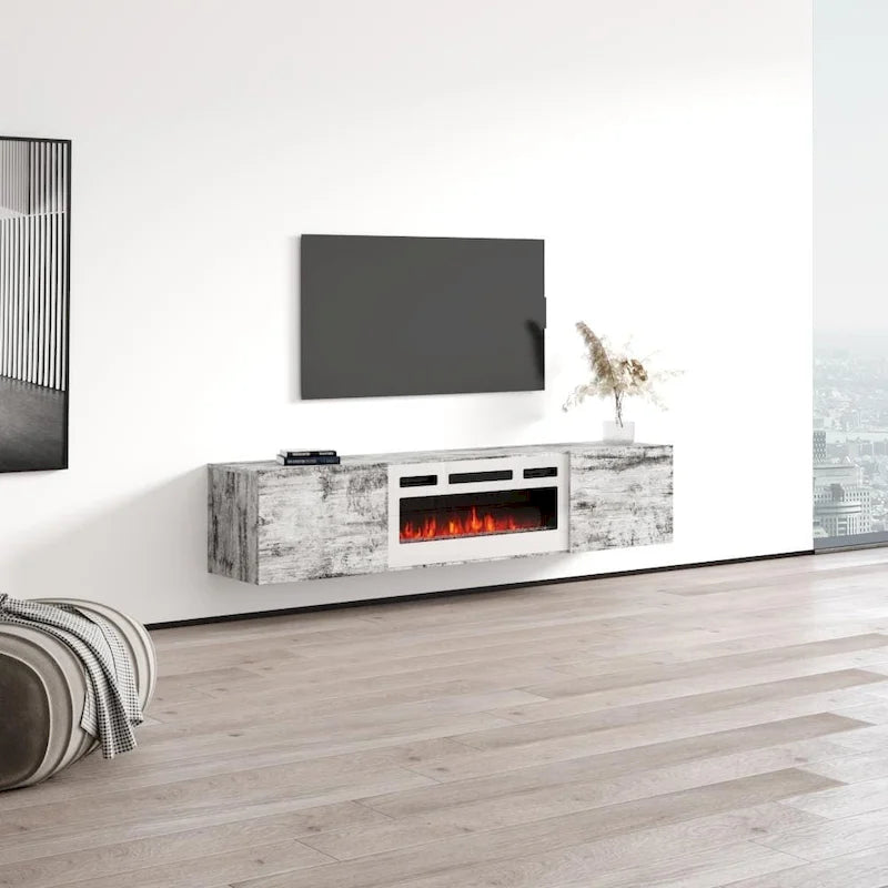 70-Inch Floating TV Stand with Built-In Electric Fireplace Insert