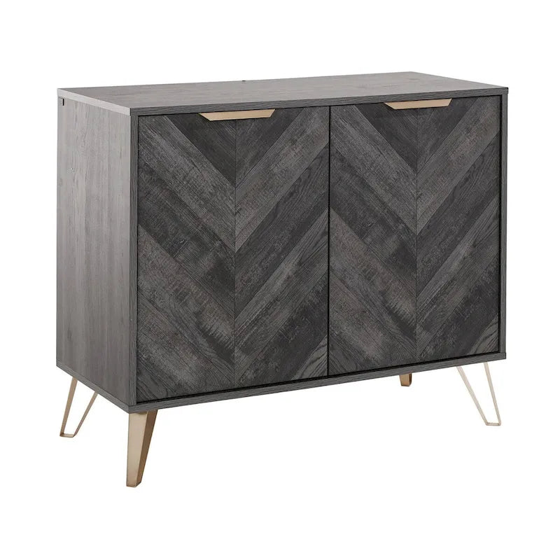 Console bahut de style Mid-Century avec portes à chevrons, poignées dorées et pieds épingles