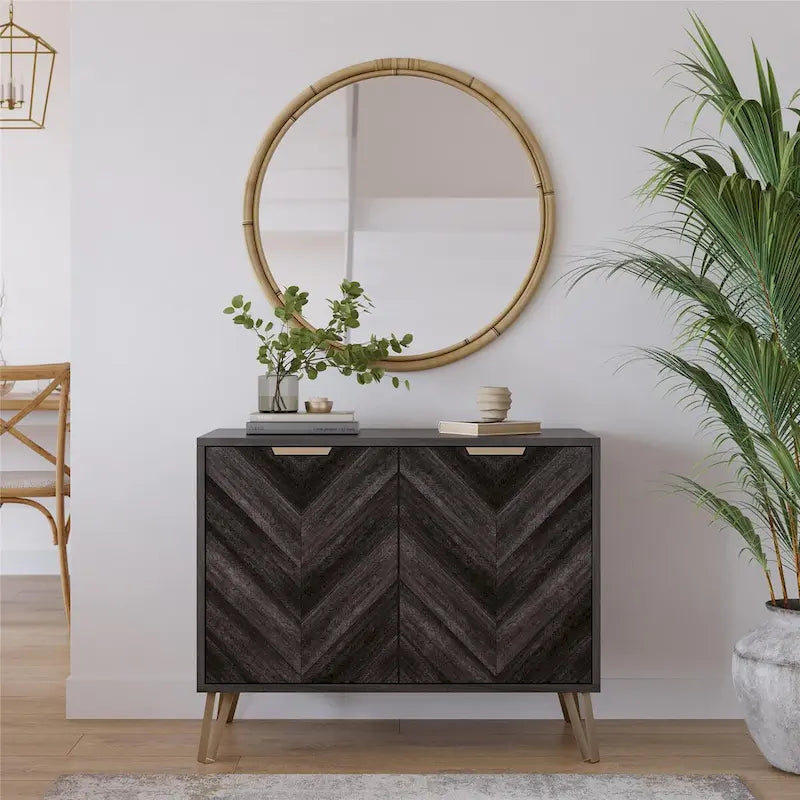 Mid-Century Sideboard Console Table with Herringbone Doors, Gold Handles and Hairpin Legs