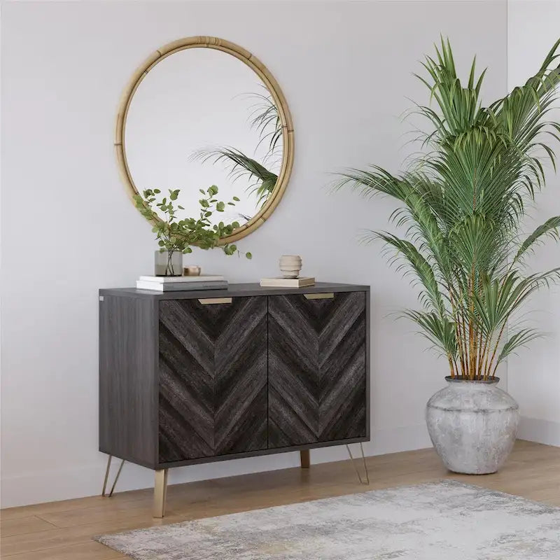 Mid-Century Sideboard Console Table with Herringbone Doors, Gold Handles and Hairpin Legs