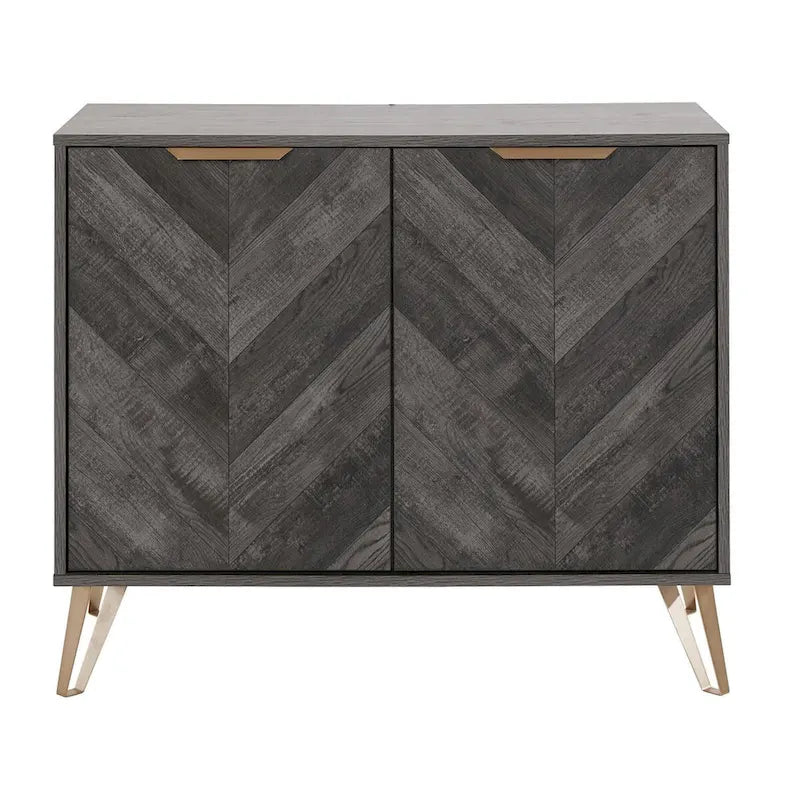 Mid-Century Sideboard Console Table with Herringbone Doors, Gold Handles and Hairpin Legs