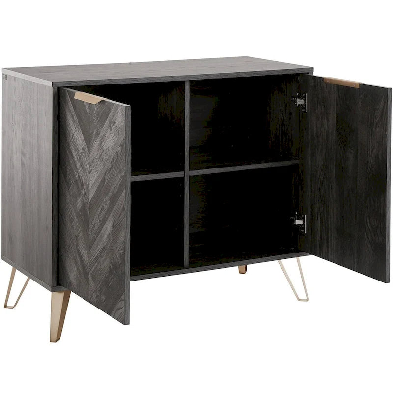 Mid-Century Sideboard Console Table with Herringbone Doors, Gold Handles and Hairpin Legs