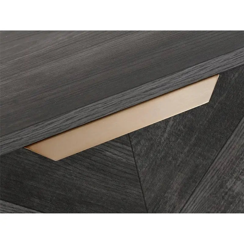 Console bahut de style Mid-Century avec portes à chevrons, poignées dorées et pieds épingles