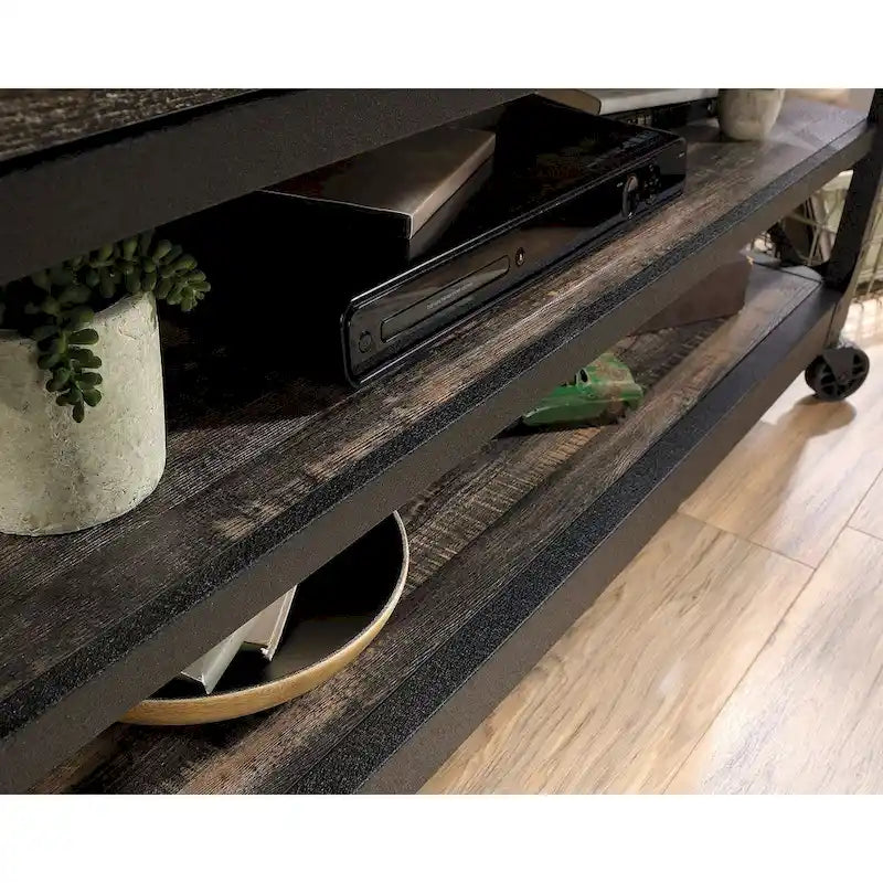 Industrial-Style TV Stand with Metal Frame and Open Shelving
