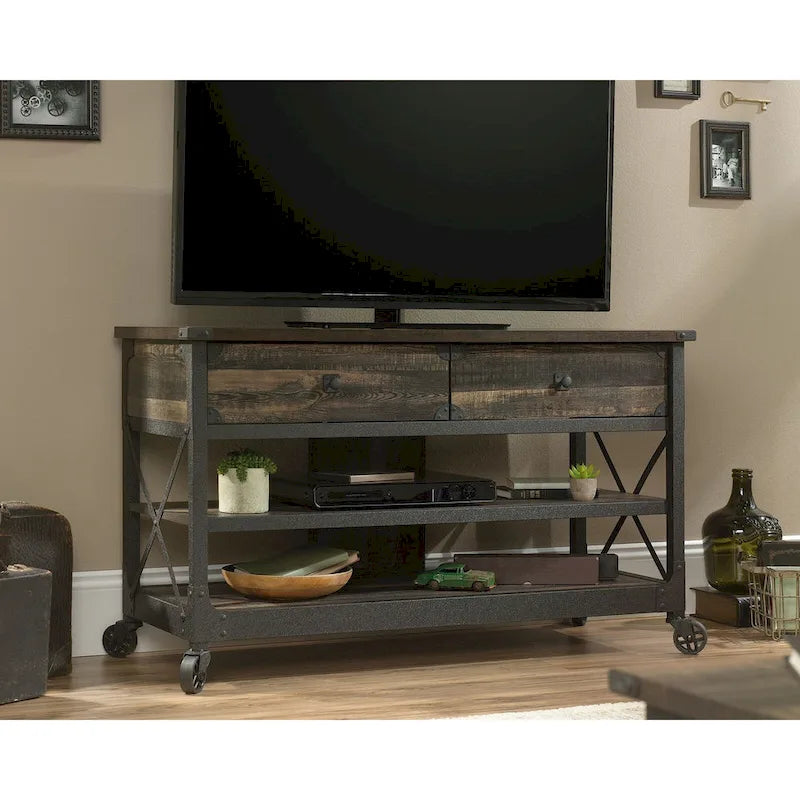 Industrial-Style TV Stand with Metal Frame and Open Shelving