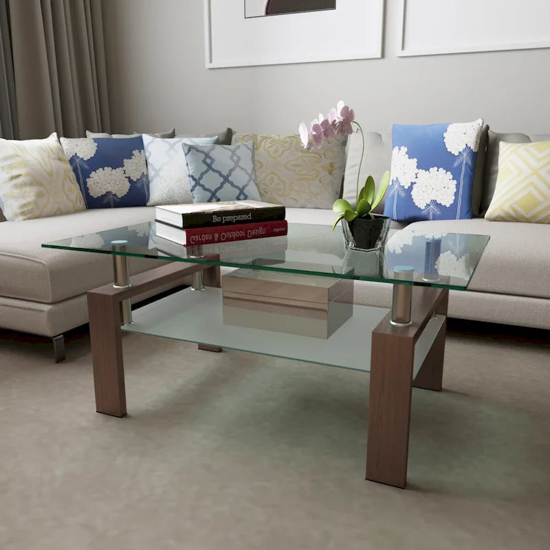 Modern Rectangular Tempered Glass Coffee Table with Black Iron Frame