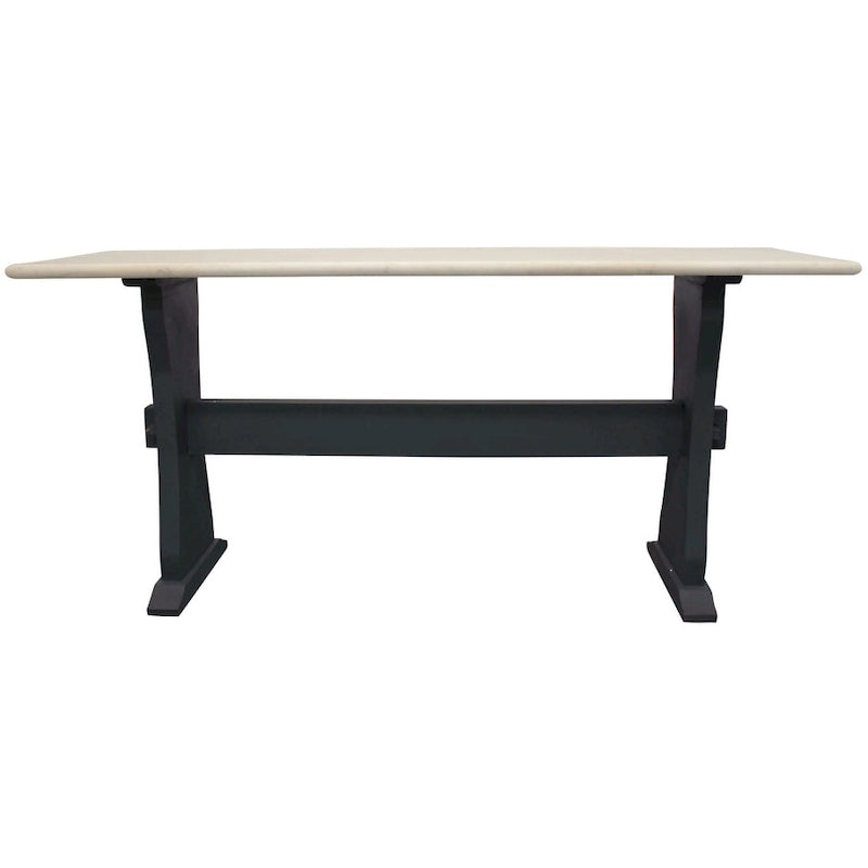 70-Inch Genuine Marble Console Table with Ivory Top and Black Solid Wood Trestle Base