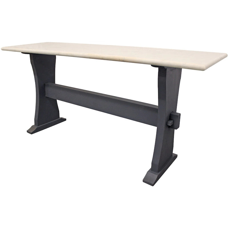 70-Inch Genuine Marble Console Table with Ivory Top and Black Solid Wood Trestle Base